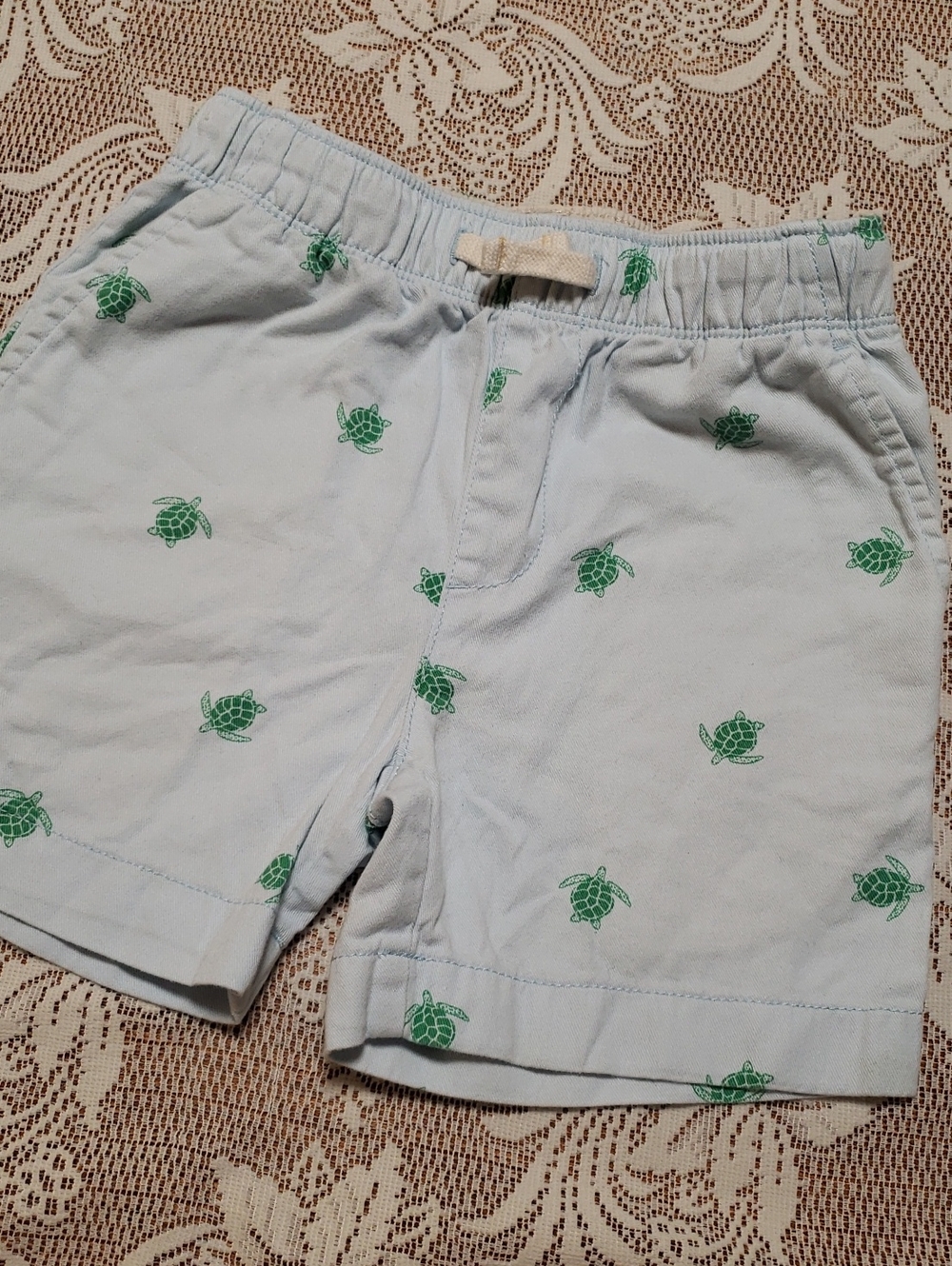 Crewcuts Light Blue Kids Shorts with Green Turtle Print, Size 6